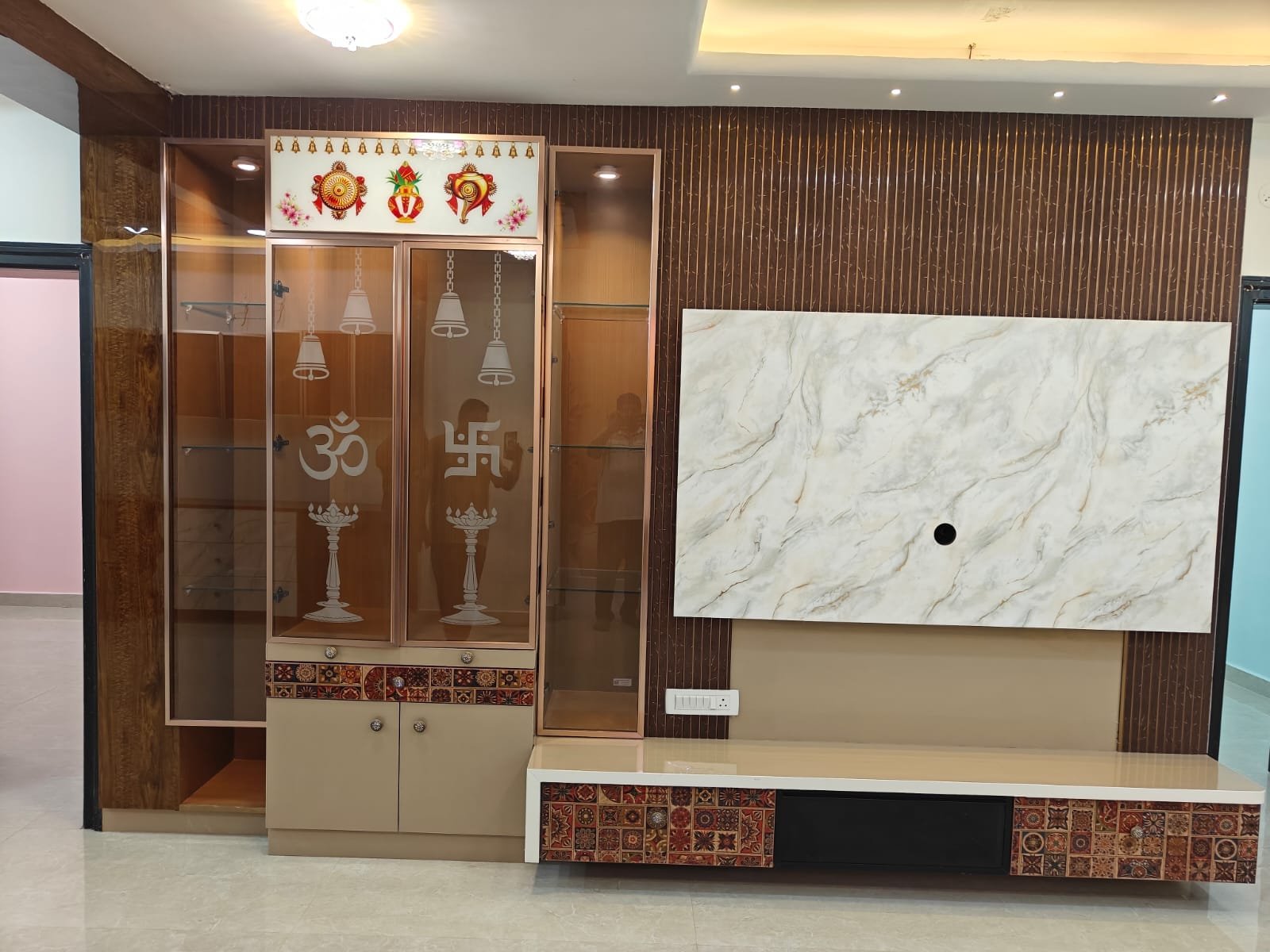 Pooja unit and TV wall
